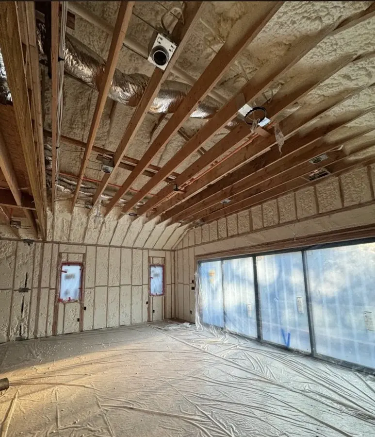 Interior walls and ceiling insulated with spray foam during new construction in Umatilla